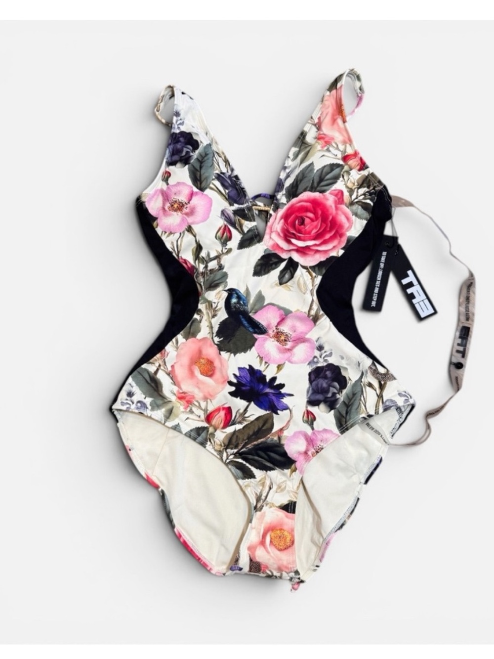 New TA3 Plungey Triangle Contour Rose Bloom Lace Up Shaping Swimsuit S Reg/Long